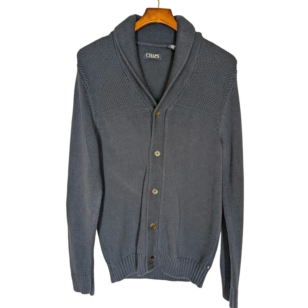 Chaps Shawl Collar Cardigan Mens Small Navy Button Front Knit Sweater Waffle
